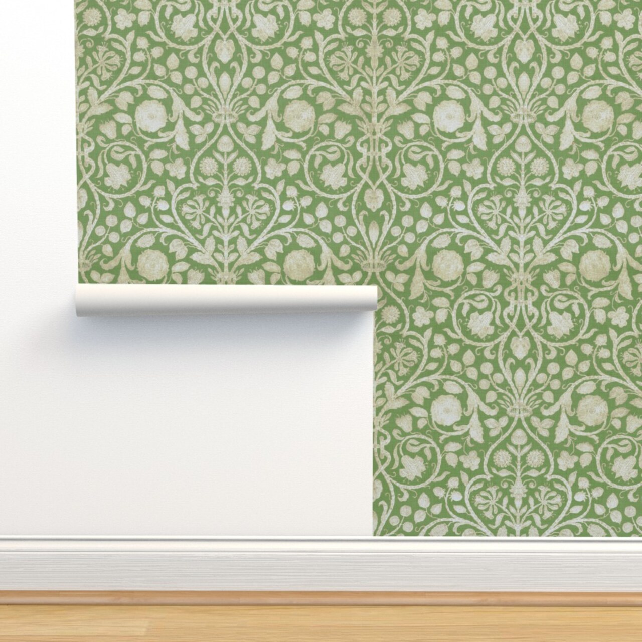 Spring Green Damask French Floral Custom Pre-pasted Wallpaper by Spoonflower Pre-Pasted Wallpaper 2FT Wide